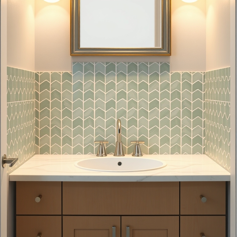 Bathroom vanity backsplash with sage green herringbone pattern tiles