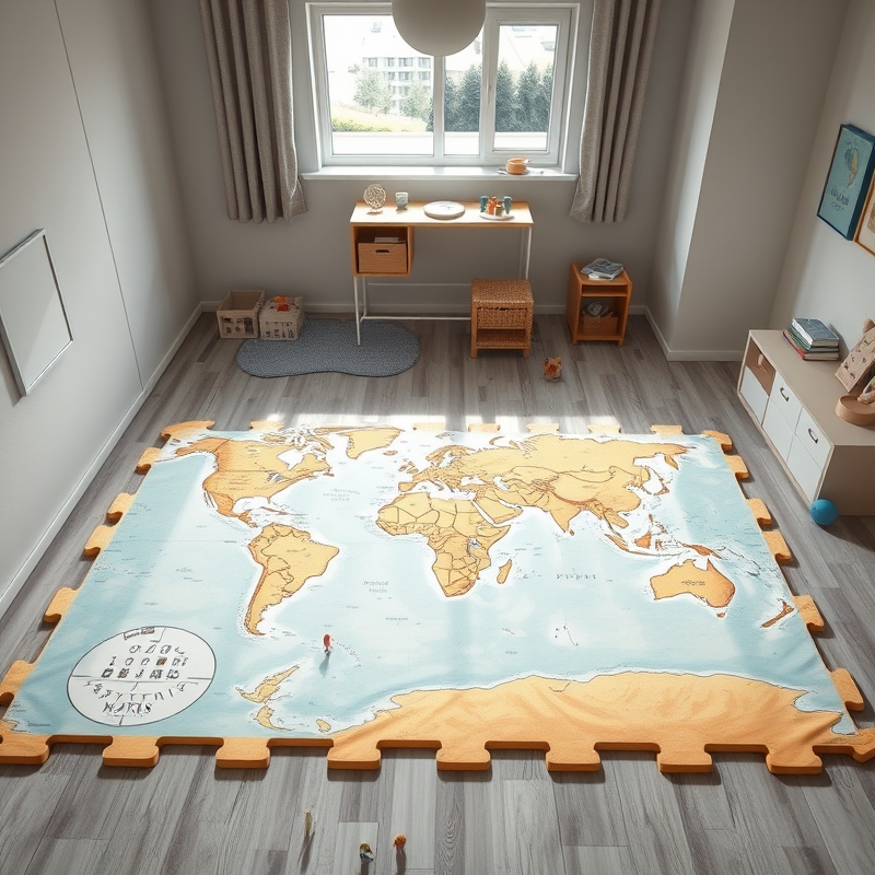 Large foam play mat with world map design