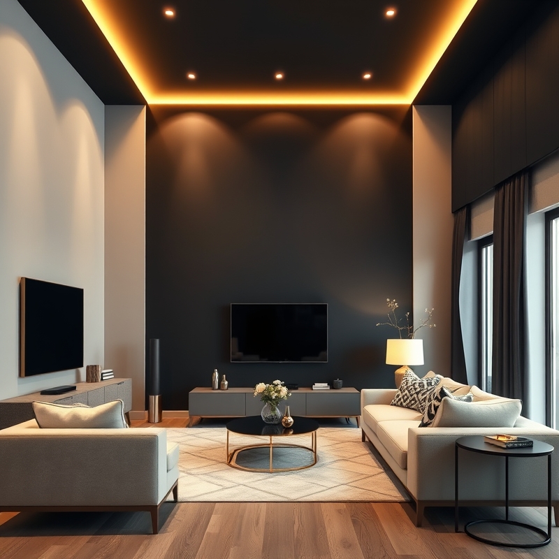 Deep black accent wall in minimalist apartment living room