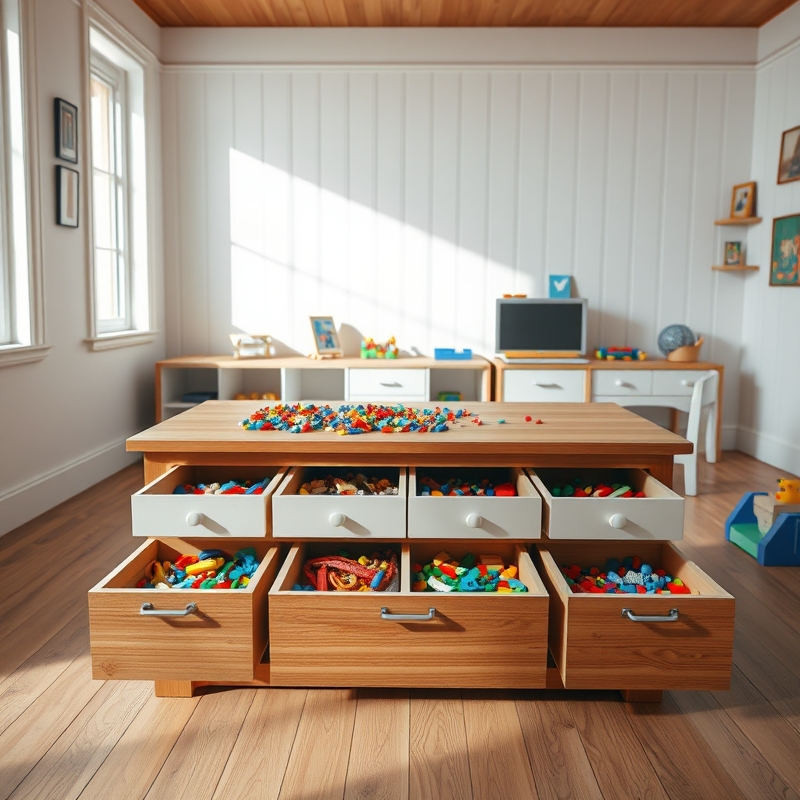 Wooden table with storage drawers filled with colorful building blocks