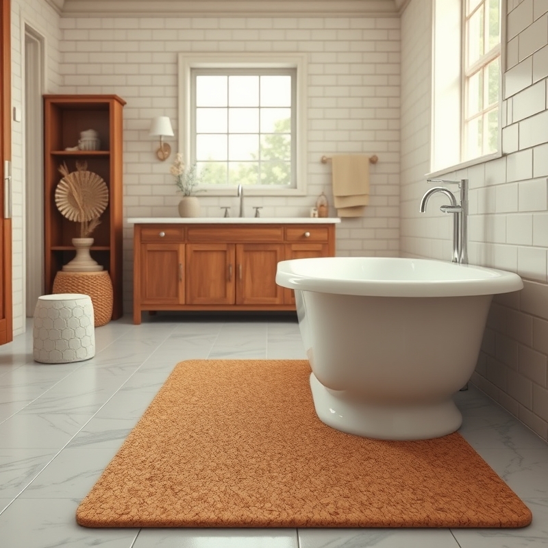 Natural cork bath mat beside bathtub with warm lighting