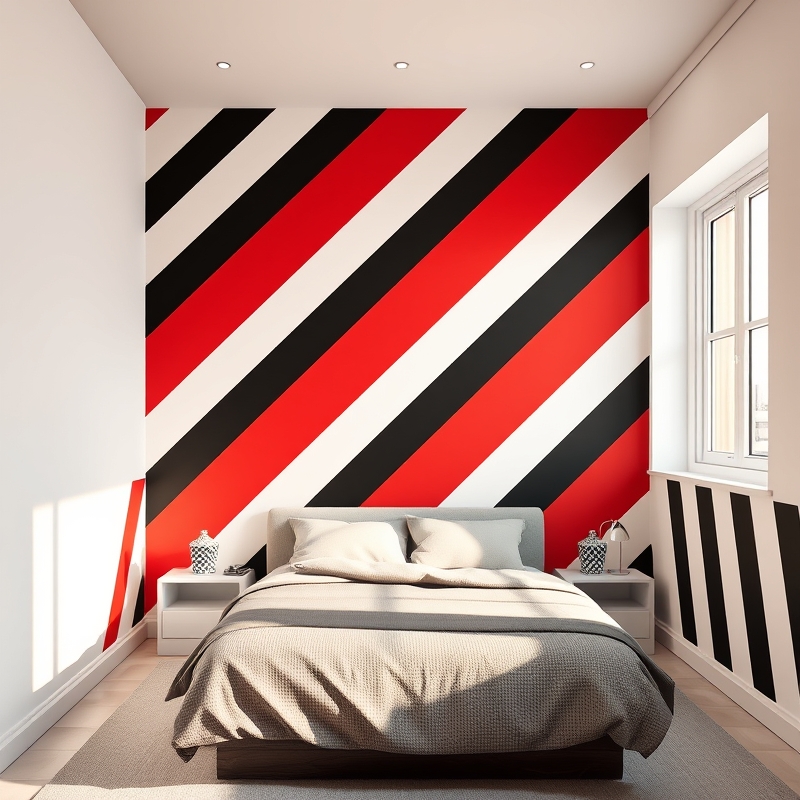Wall painted with bold diagonal racing stripes