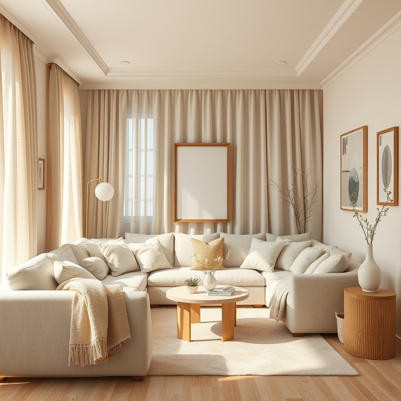 Small living room in shades of cream, beige, and natural wood