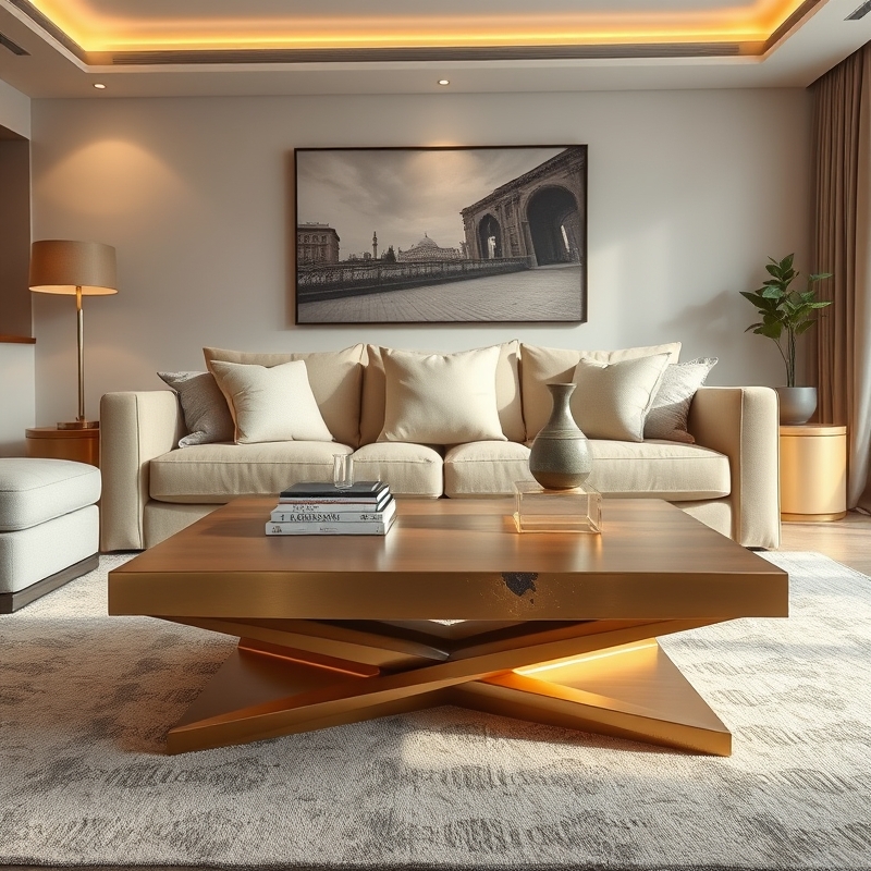 Wooden coffee table painted gold in contemporary living room
