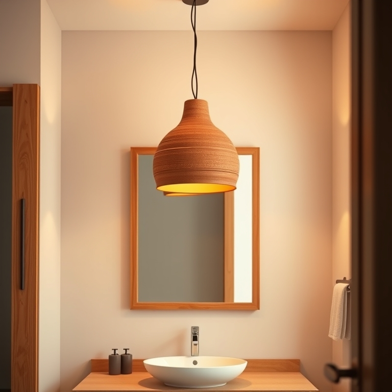 Handmade clay pendant light hanging above bathroom mirror