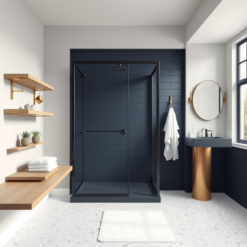Modern bathroom with floating shelves, black fixtures, and marble accents