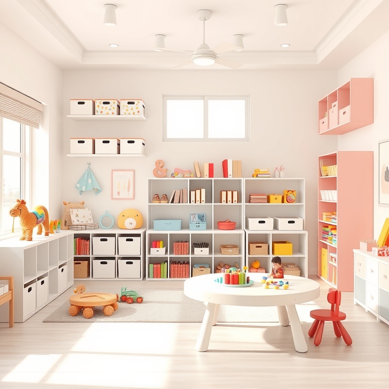 Bright organized playroom with colorful storage and play zones