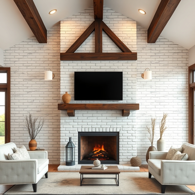 White brick fireplace with reclaimed wood mantel