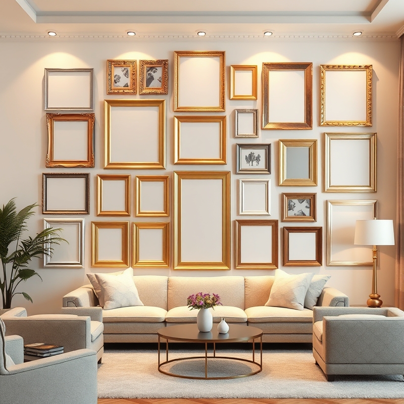 Gallery wall with mixed metal frames in various finishes