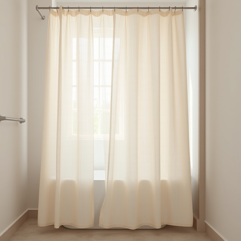 Cream linen textured shower curtain in minimal bathroom