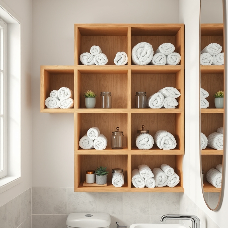 Wall-mounted open wooden cubbies displaying rolled white and cream towels