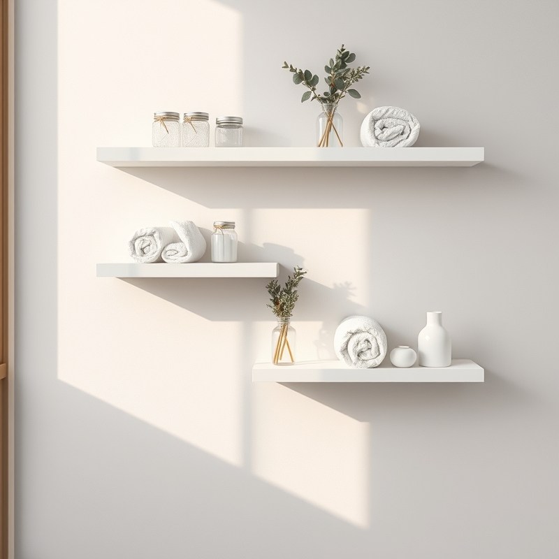 White floating shelves displaying rolled towels and dried eucalyptus bundles