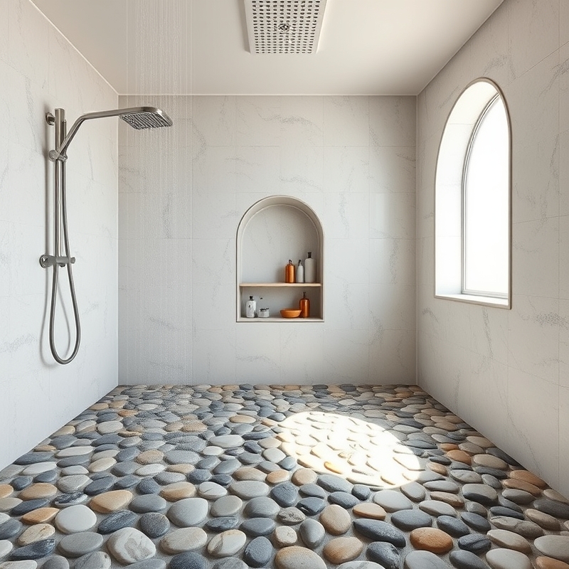 Natural river pebble tile floor in spacious walk-in shower with rainfall showerhead