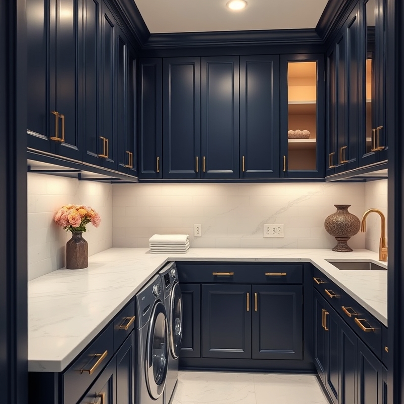 Deep navy blue painted cabinet doors with gold hardware