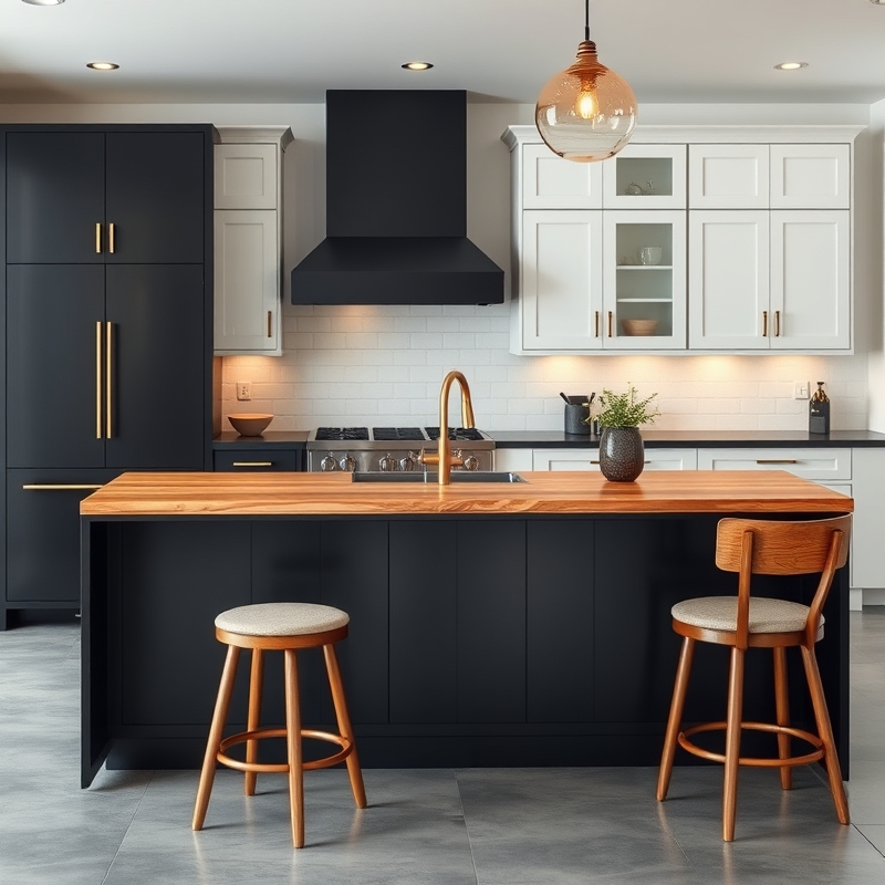 Matte black island cabinet with natural wood top and brass accents