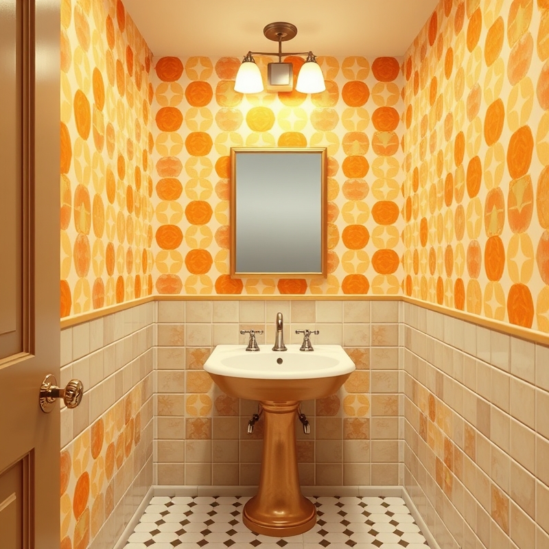 Retro bathroom with vintage geometric print wallpaper and fixtures