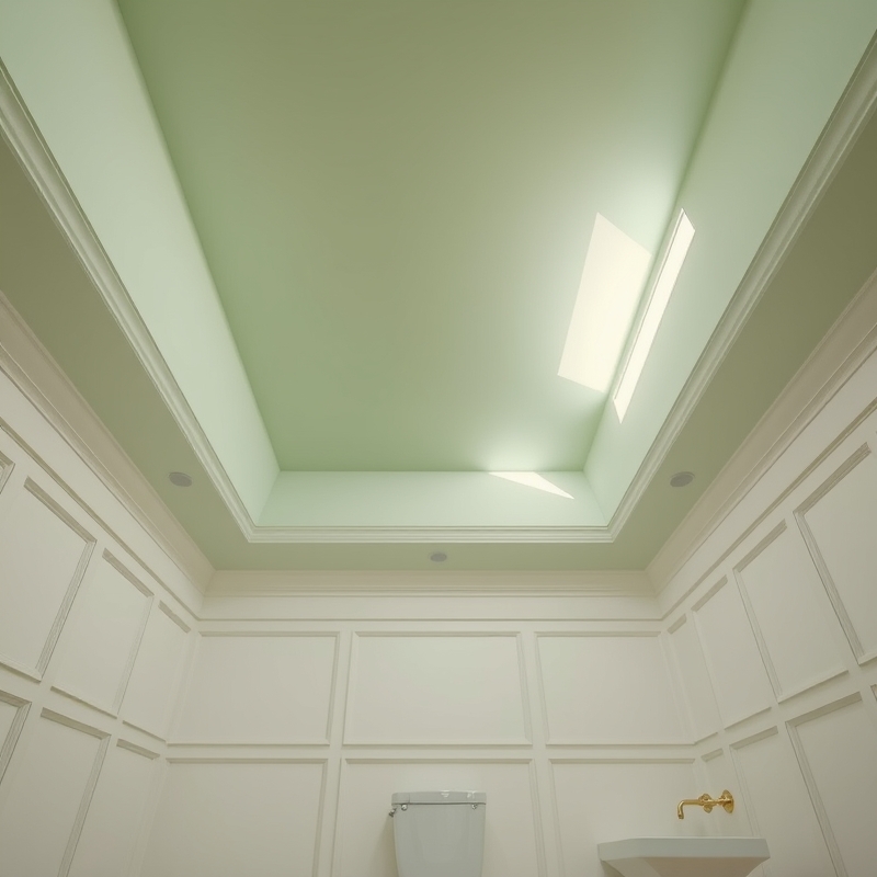 Bathroom ceiling painted soft sage green with white walls and fixtures