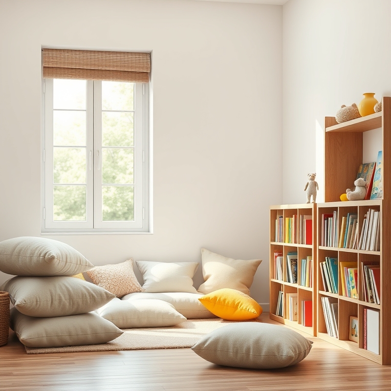 Cozy window seat with floor cushions and children