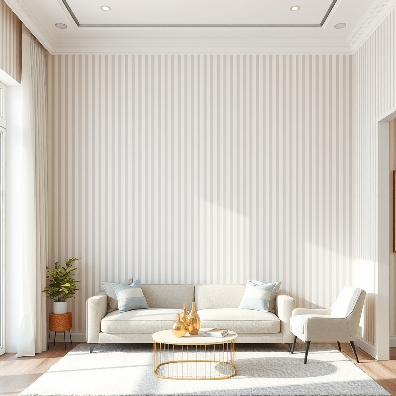 Small living room accent wall with vertical stripe wallpaper in soft colors