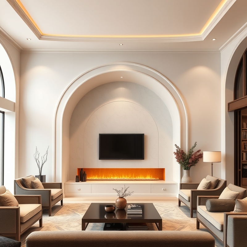 Curved plaster alcove with fireplace and TV niche