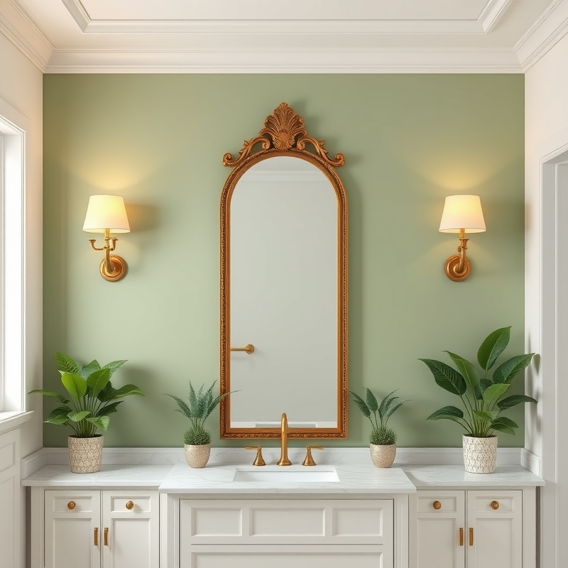 Bathroom wall painted sage green behind ornate freestanding mirror