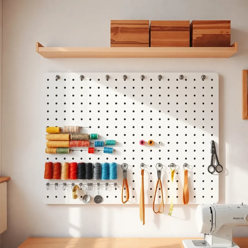 White pegboard wall with organized thread spools and sewing accessories