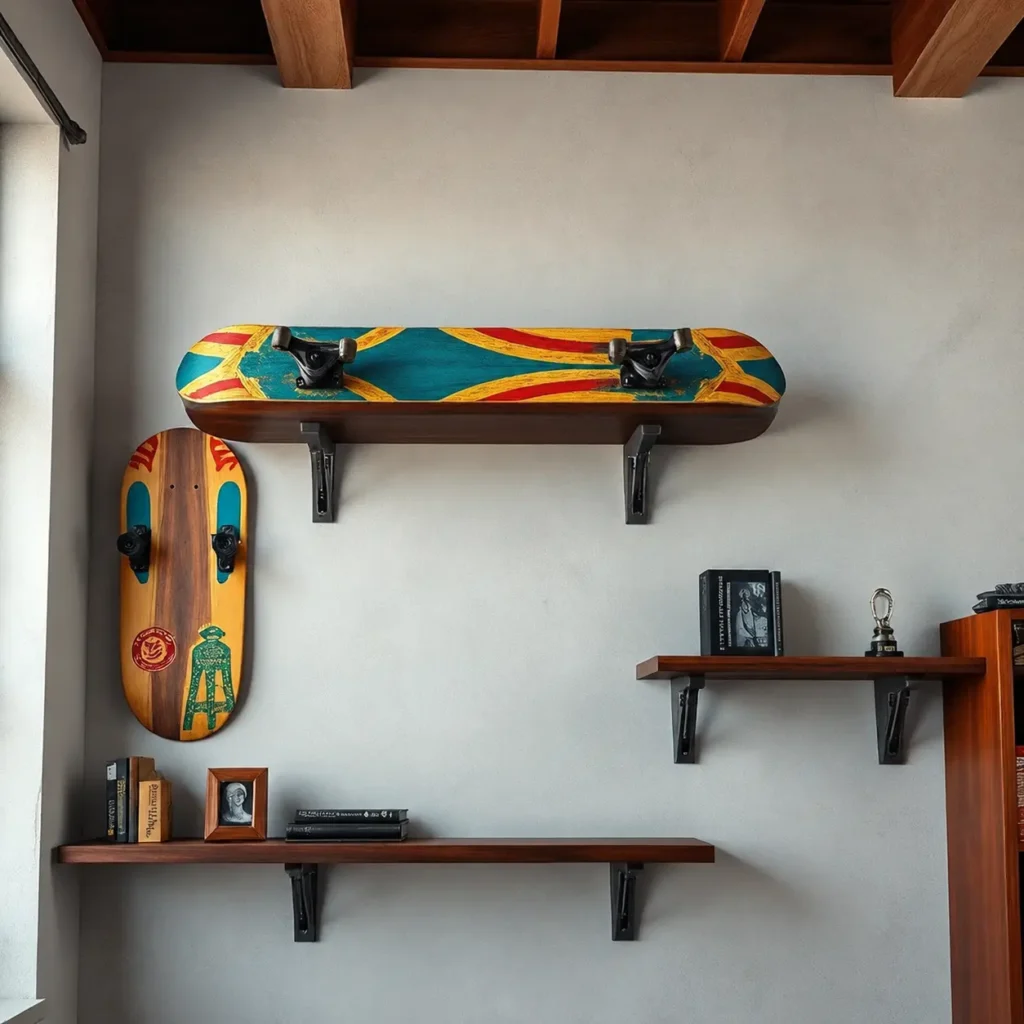 Old skateboards repurposed as decorative shelf brackets