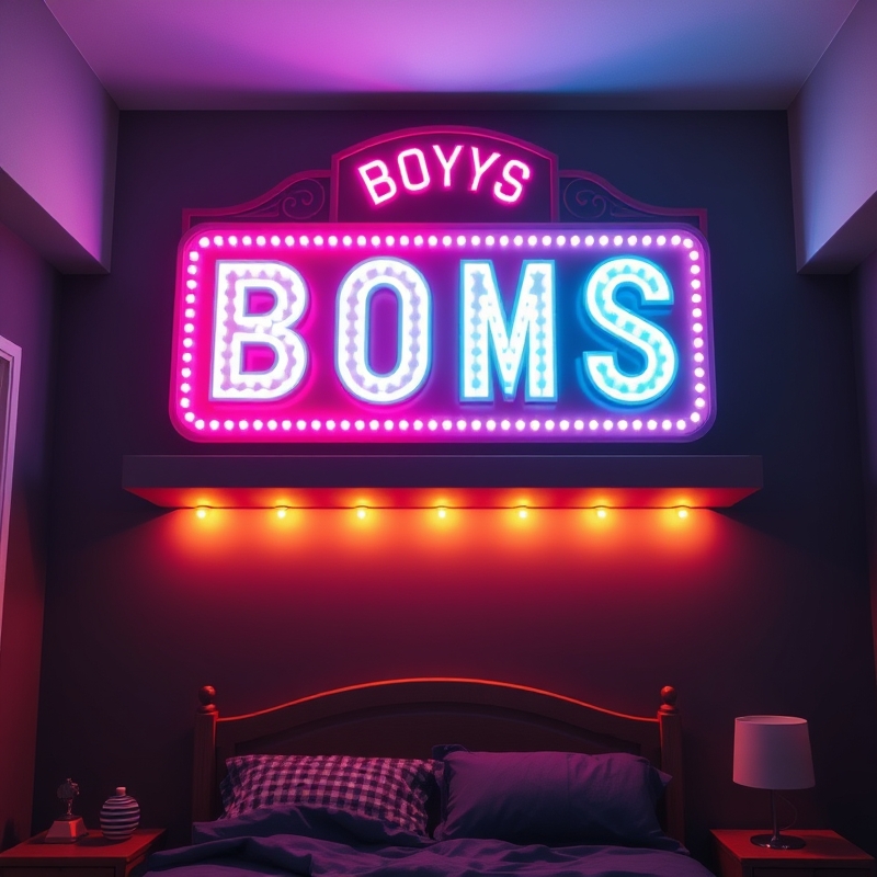 Vintage-style arcade sign glowing above bed