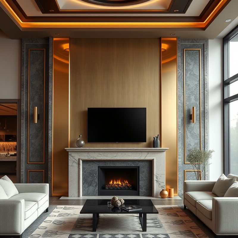 Brass frame accent around TV above fireplace