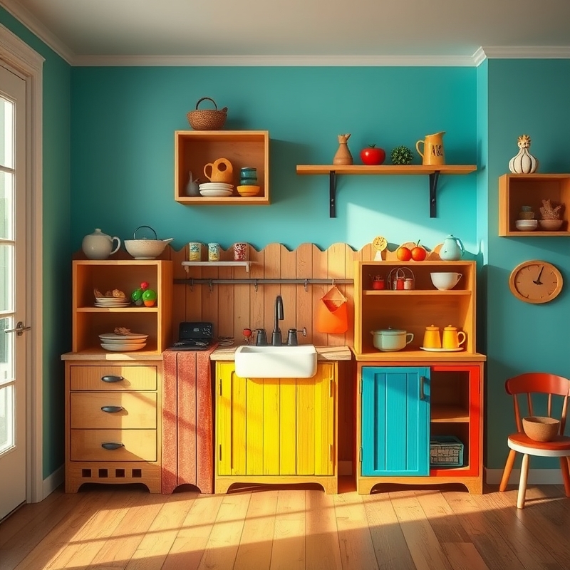 DIY play kitchen made from repurposed furniture pieces