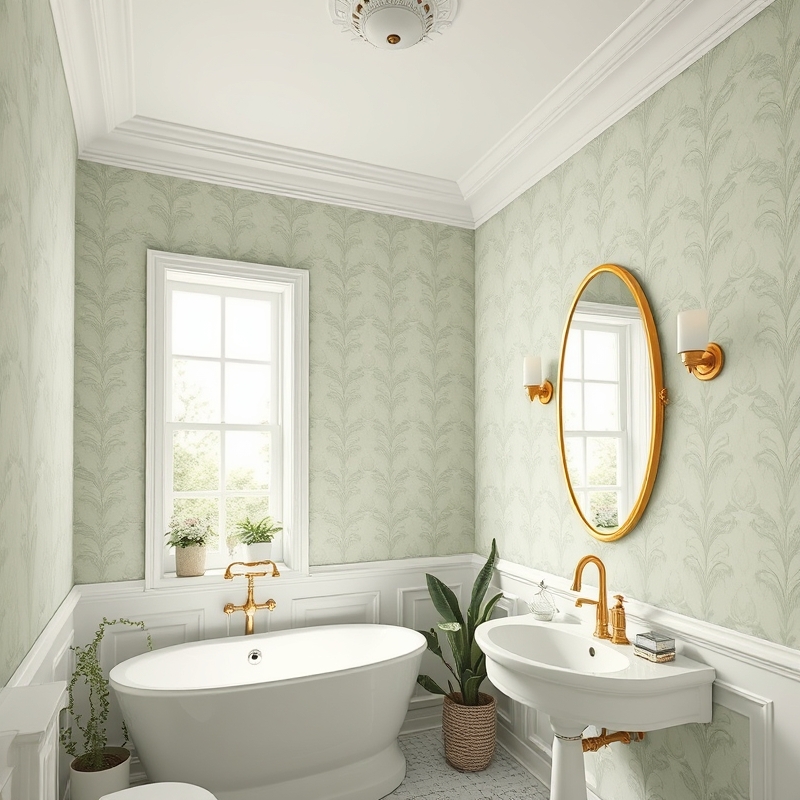 Bathroom walls covered with sage green textured wallpaper pattern
