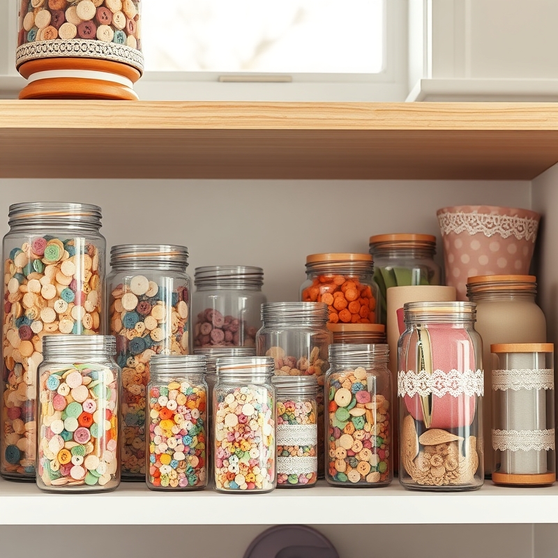 Glass jars filled with colorful buttons and decorative trims arranged on shelf