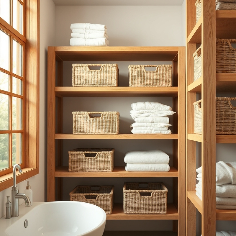Woven jute baskets on bathroom shelves organizing towels
