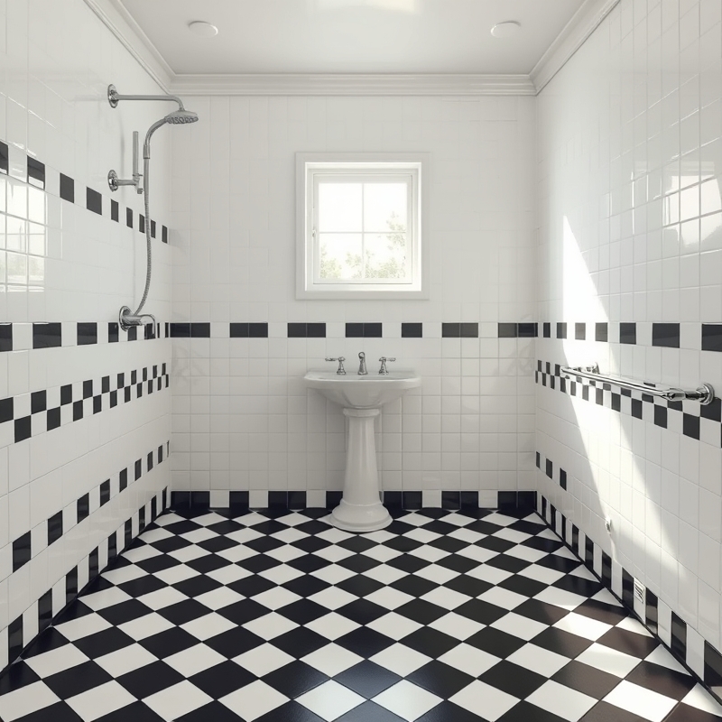 Bathroom with black and white checkerboard pattern on floor and lower walls