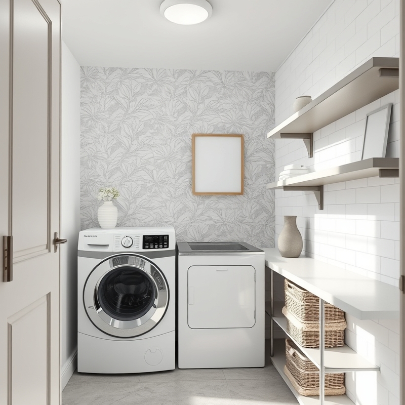 Geometric patterned removable wallpaper on laundry room accent wall