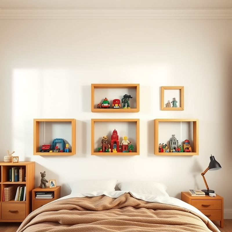 Framed shadow boxes showcasing colorful Lego creations