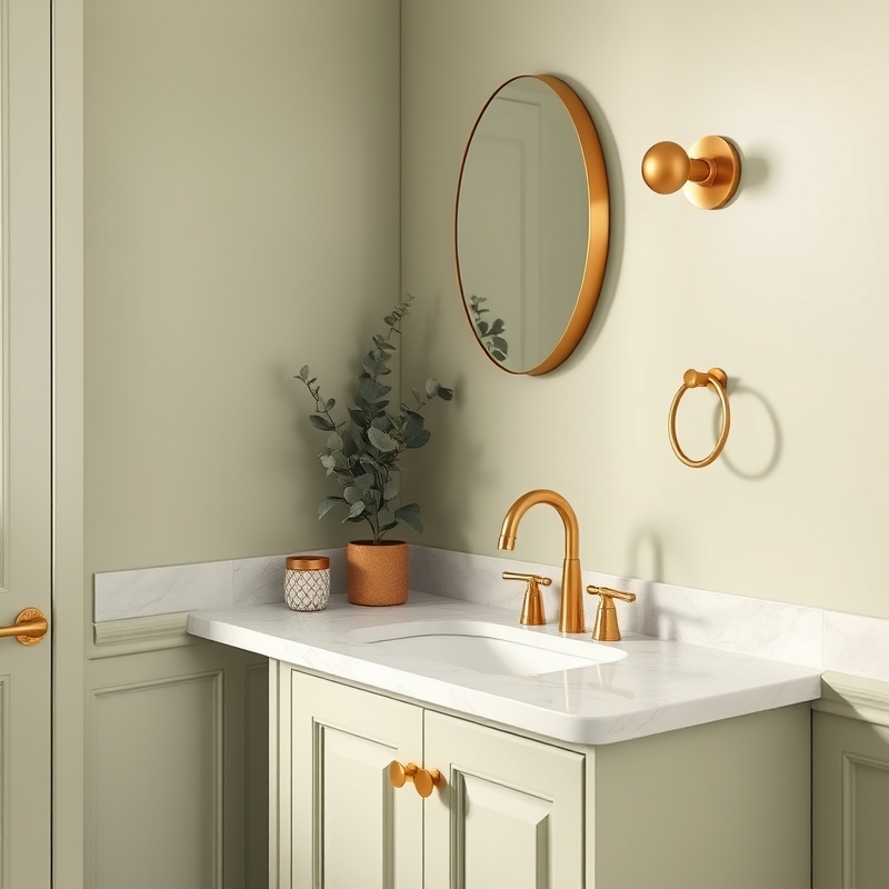 Bathroom vanity with sage green cabinetry and polished gold faucet fixtures