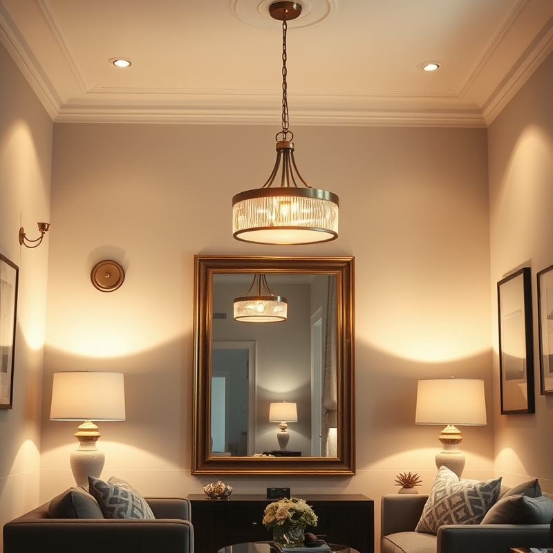 Small living room with wall sconces, pendant light, and table lamp