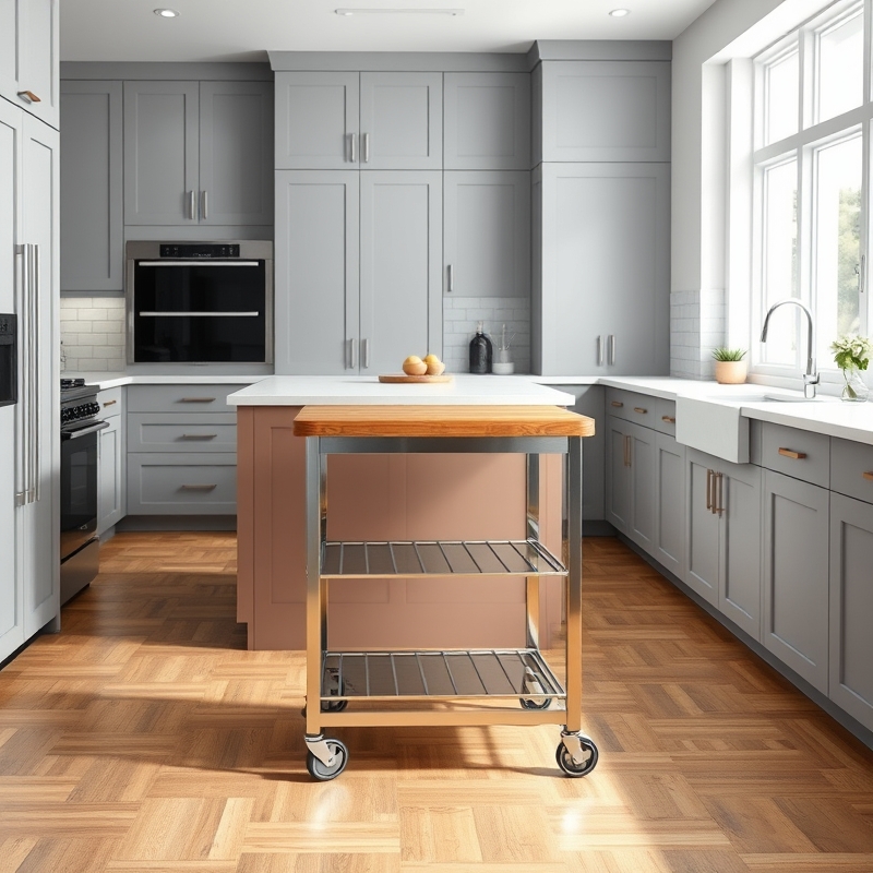 Mobile kitchen island cart with stainless steel shelves and wood handle
