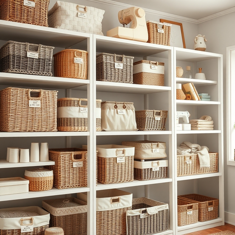Woven baskets and fabric bins organized on shelves holding sewing supplies