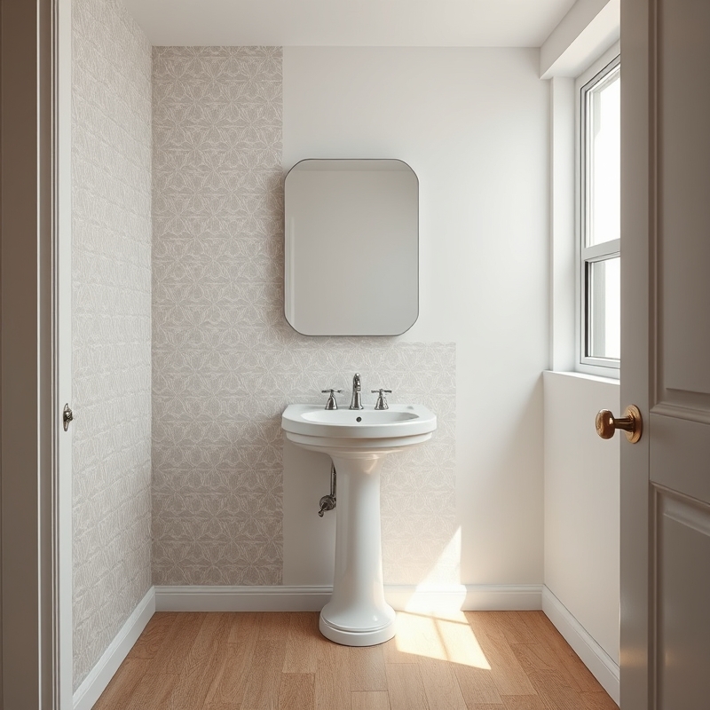 Rental bathroom with removable patterned wallpaper on one wall