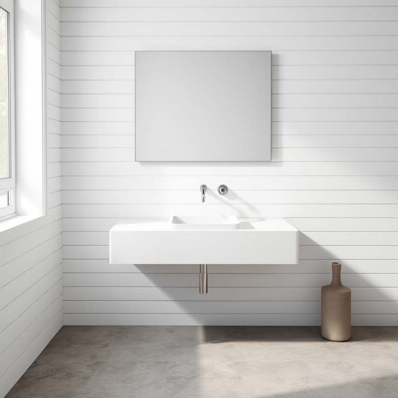 Sleek wall-mounted floating vanity with integrated sink in white minimalist bathroom