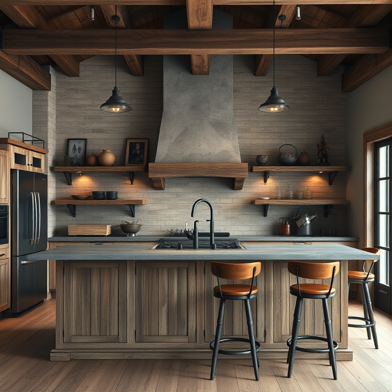 Rustic island with weathered barn wood and wrought iron accents