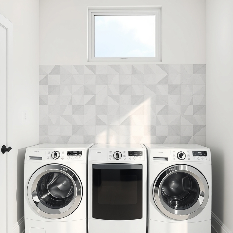Geometric patterned peel-and-stick tiles behind washer and dryer