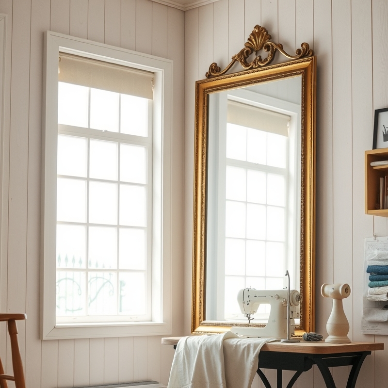Large brass-framed mirror on sewing room wall bouncing natural window light