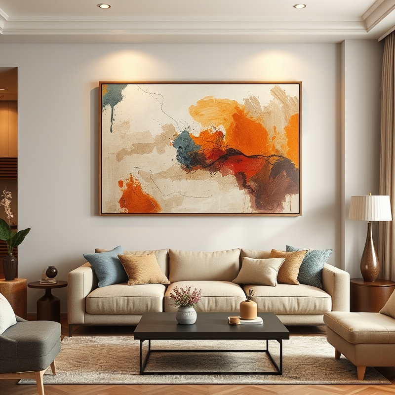 Contemporary abstract canvas art on apartment living room wall