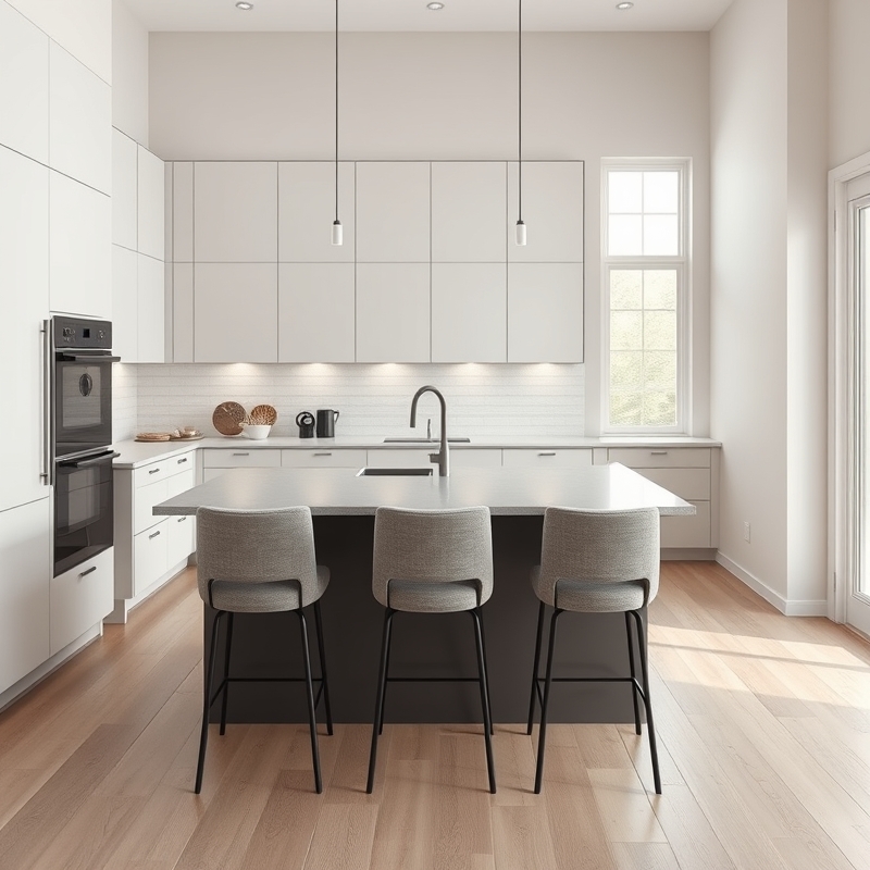 Long narrow island with counter-height overhang and three high stools
