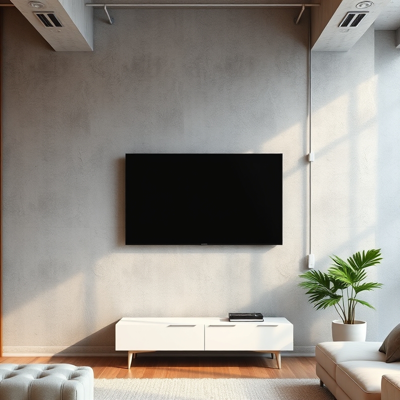 Exposed concrete accent wall with mounted television