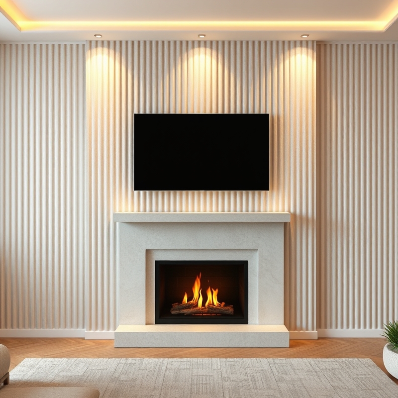 Textured ribbed plaster fireplace feature wall