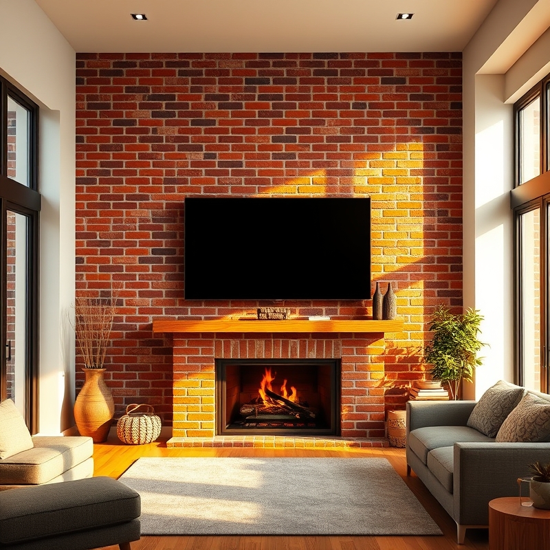 Exposed red brick fireplace wall with modern TV